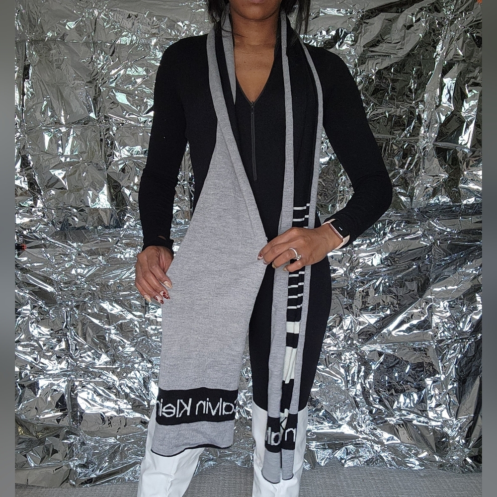 Calvin Klein Striped Knit Scarf — Black, Gray & White - Picture 3 of 10
